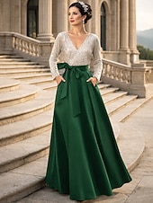 abordables Longueur du plancher-Ligne A Longueur au sol Robe d'invité de mariage Robe de Cérémonie Robe Évasée Robe de Mère de Mariée  manche longue Col en V Élégant Mariage Formel robe demoiselle d honneur Satin avec Paillettes