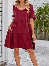 voordelige mini zwarte jurk-Dames Mini-jurk Casual jurk Katoenen jurk Zomerjurk Elegant Modieus Modern Buiten Vakantie Uitgaan Ruim Passend Effen Korte mouw V-hals Zwart Wit Leger Groen Bordeaux Zomer Lente
