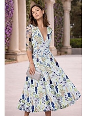 abordables Cocktailjurken-A-Line Tea Length Cocktail Dresses Elegant Vintage Floral Half Sleeve V Neck Garden Party Wedding Lace with Embroidered Flower Embroidery Pocket