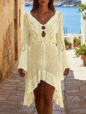 voordelige Strandjurken-Dames Zwemkleding Bedekken Zwemjurk Zwempak Uitknippen Vakantie Strand Kleding Effen Kleur V-hals Lange mouw Badpakken
