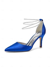 Недорогие Невеста-Женские серебристые атласные туфли на каблуке с острым носком и жемчужными ремешками на щиколотке, элегантные свадебные туфли для пляжной свадьбы.