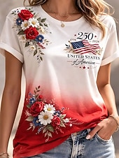  Onafhankelijkheidsdag Amerikaanse Jubileum Patriottische Dames T-shirt Print Bloem Grafisch Letter Stijlvol Klassiek Casual Korte Mouw Crew Neck Reguliere Tops Dagelijks Zwart Wit Rood Zomer Lente