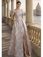  גזרת A עד הריצפה שמלות ערב שמלת נשף אלגנטית וינטאג' פרחוני שרוולים קצרים צווארון עגול קצר מסיבת חצר חתונה כיס ג'אקרד גב בדוגמת דרפה עם שסע כיס