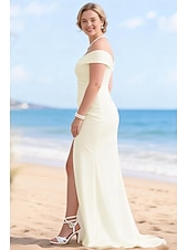 cheap Wedding Dresses-Wedding Dresses A-Line Off Shoulder Short Sleeve Sweep Brush Train Stretch Fabric Bridal Gowns With Ruched Solid Color