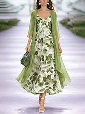 abordables Vestido Floral-Mujer Conjunto de vestido Vestido de una línea Elegante Vacaciones Floral Graphic Multi capa Estampado Vestido Midi Manga 3/4 Escote en Pico Diario Vacaciones Azul Piscina Morado Verde Trébol Verano