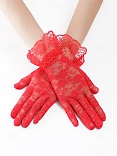 baratos Casamento ACC-Luvas femininas de poliéster com renda, design floral elegante e transparente, macias e leves, estilo clássico vintage em diversas cores, ideais para noivas, casamentos, festas noturnas, formaturas e eventos formais.