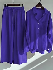 preiswerte Sets-Damen Baumwoll-Leinen Hosen Sets Bolero Oberteil Langarm Hemd Kragen Einfarbig Mode Streetwear Lässig Alltag Draußen Blau Schwarz Weiß Sommer Lockerer Schnitt