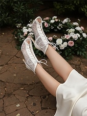 cheap Bride-Women's White Lace Mesh Open-Toe Wedding Booties with Lace-Up Front – Elegant Garden Bride Style, High Heel Stiletto Sandals for Outdoor Weddings and Romantic Bridal Showers