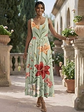 preiswerte Blumenkleider-Damen Midikleid Sommerkleid A Linie Kleid Unterkleid Faltenkleid Urlaub Lässig Boho Strand Date Normale Passform Blumen Grafik Ärmellos U-Ausschnitt Rundausschnitt Rosa Rote Grün Beige Sommer Frühling