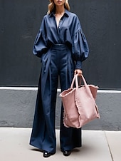 economico Abiti da donna con camicetta-Per donna Camicia Set da due pezzi Set di Pantaloni Manica Lunga Colletto a Camicia Semplice Arricciato Elegante Moda Streetwear Casuale Quotidiano All'aperto Blu Cachi Primavera Vestibilità regolare