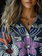 cheap Floral Blouses-Women's Shirt Faux Cotton Linen Buttons Print Floral Graphic Bohemia Active Vintage Long Sleeve Shirt Collar Regular Tops Daily Holiday Blue Summer Spring Fall