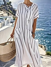 abordables Robes Rayés et Géométriques-Femmes Robe maxi Robe Décontractée Robe évasée Élégant Mode Moderne Extérieur Vacances Sortir Coupe Ample Rayé Manche Courte Col à lacets Blanche bleu marine Été Printemps
