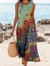  Women's Midi Dress Faux Cotton Linen Shift Dress Sundress Casual Dress Vintage Daily Outdoor Beach Regular Fit Floral Sleeveless Crew Neck Dark Green Purple Green Rainbow Summer Spring