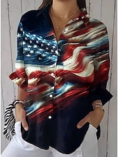  يوم الاستقلال الأمريكي نسائي قميص مكشكش بقع Buttons الرسم علم عتيق أنيق كم طويل أكمام واسعة جرس قبعة القميص قمصان عادية مناسب للبس اليومي عمل مناسب للعطلات أسود أبيض أحمر الصيف الربيع الخريف