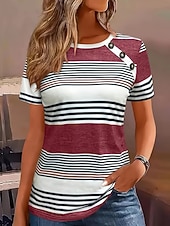 preiswerte Streifen- und geometrisches T-Shirt-Damen T Shirt T-Shirt Knöpfe Druck Gestreift Mode Stilvoll Klassisch Kurzarm Rundhalsausschnitt Normale Oberteile Täglich Ausgehen Wochenende Rote Purpur Grün Grau Sommer Frühling