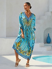 economico abito casual stampato-caftano da vacanza in chiffon con gioielli vintage