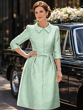 preiswerte Teelänge-Schlauchkleid Knielang Partykleid Cocktailkleid Kleid für Hochzeitsgäste Brautmutterkleid Dreiviertelarm Hemdkragen Elegant Minimalistisch Hochzeitsgast Cocktailparty Formeller Abend Stretch Satin mit