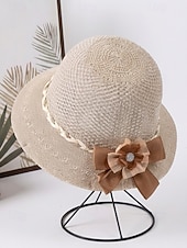 levne Dámské klobouky-Dámský skládací bohémský slaměný klobouk proti slunci – lehká prodyšná polyesterová plážová čepice s květinovou mašlí, více barev pro letní dovolenou, běžné nošení i cestování