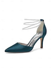 Недорогие Невеста-Женские серебристые атласные туфли на каблуке с острым носком и жемчужными ремешками на щиколотке, элегантные свадебные туфли для пляжной свадьбы.