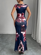 voordelige Bloemenjurk-Dames Maxi-jurk Satijnen Jurk Bodycon Bloemetjesjurk Jurk met print Elegant Modieus Modern Buiten Vakantie Feest Normale pasvorm Bloemig Mouwloos Strakke ronde hals Marineblauw Zomer Lente