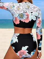 tanie Zestawy bikini-Damskie Stroje kąpielowe Bikini 2 szt Majtki Kostium kąpielowy Szczupła Odkryte plecy Urlop Stroje plażowe Kwiaty Okrągły dekolt Długi rękaw Kostiumy kąpielowe