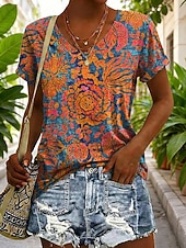 abordables Camiseta floral-Mujer Camiseta Estampado Graphic Geométrico Plantas Vintage Elegante Clásico Manga Corta Escote en Pico Tops regulares Diario Azul Piscina Amarillo Naranja Verano Primavera