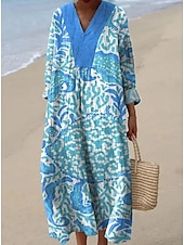 cheap Stripe&amp;Geometric Dress-Women's Maxi Dress Sundress Shift Dress Vacation Casual Beach Going out Loose Fit Graphic Geometric Abstract Long Sleeve V Neck Blue Brown Khaki Summer Spring