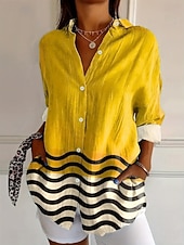 tanie Pasiaste i geometryczne bluzki-Damskie Koszula Bluzka Niejednolita całość Guziki Nadruk Graficzny Geometryczny Kratka Zabytkowe Tropikalny Codzienny Długi rękaw Kołnierzyk koszuli Zwykłe topy Codzienny Niebieski Czarny Biały Żółty