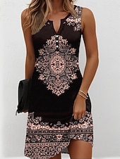 preiswerte Boho Kleider-Damen Minikleid Sommerkleid Shiftkleid Schulterfreies Kleid Urlaub Lässig Boho Täglich Ferien Ausgehen Normale Passform Grafik Stammes Ärmellos V Ausschnitt Schwarz Sommer Frühling