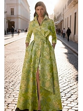  A-linja Kokopitkä Iltapuku Tyylikäs Korkea jaettu Pitkähihainen Paitapuserokaula-aukko Puutarhajuhlat Häät Tasku Jakardi kanssa Kukkapainatus Rusetti(rusetit) Halkio