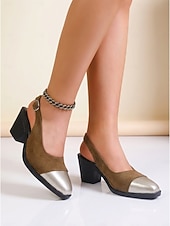 abordables zapatos de tacón con tira-Zapatos de tacón de bloque negros con tira trasera para mujer: zapatos de vestir profesionales de dos tonos con punta puntiaguda y puntera plateada para trabajo de oficina y reuniones. &amp;viaje diario