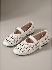 economico Ballerine da donna-ballerine Mary Jane bianche tagliate al laser da donna - scarpe da ballo traspiranti con cinturino e fibbia per resort all'aperto, vacanze tropicali &amp;viaggio estivo