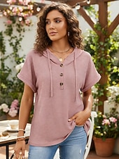 Недорогие Простая футболка-Жен. Летние вершины Сплошной цвет Элегантный стиль Винтаж Симпатичные Стиль С короткими рукавами Капюшон Обычные топы Повседневные Синий Черный Розовый Лиловый Бежевый Лето Весна Осень