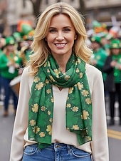  Bufanda de poliéster con diseño de trébol para mujer, de gasa transpirable, con estampado de trébol verde, perfecta para el Día de San Patricio y para uso diario.