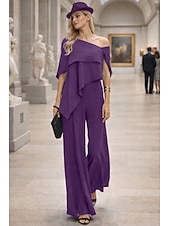 cheap Mom's Jumpsuits-Jumpsuits Floor Length Mother of the Bride Dress Short Sleeve Off Shoulder Elegant Formal Wedding Guest Wedding Party Chiffon with Ruffles