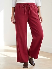 cheap Premium Linen Collection-70% Linen Women's Linen Pants Culottes Wide Leg Wide Leg Chinos Vacation Streetwear Basic Full Length Medium Waist Plain Drawstring Pocket Comfort Inelastic Daily Outdoor claret Deep Green