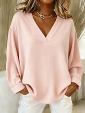 baratos Blusas Simples-Mulheres Blusa Camisa de algodão Côr Sólida Diário à moda Básico Manga Longa Decote V Tops regulares Diário Azul Rosa Marron Bege Primavera Outono