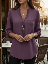 tanie Luksusowe koszule-Damskie Koszule bawełniane lniane Letnie szczyty Bluzka Eleganckie topy Z marszczeniami Niejednolita całość Kieszeń Jednokolorowe Równina Elegancja Zabytkowe damska Rękaw 3/4 Kołnierzyk koszuli