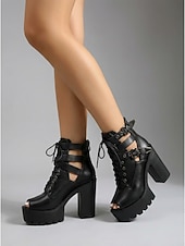 Χαμηλού Κόστους Γυναίκες-Γυναικεία μαύρα μποτάκια με πλατφόρμα για φεστιβάλ - τολμηρά, χοντρά τακούνια με ανοιχτή μύτη, κορδόνια και λουράκια με αγκράφα &amp;σόλα με λοβό για μουσικά φεστιβάλ, συναυλίες &amp;ρέιβ πάρτι