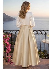 cheap Cocktail Dresses-Two Piece Tea Length Cocktail Dresses Party Dresses Elegant Color Block Long Sleeve V Neck Wedding Party Wear Satin with Pleats