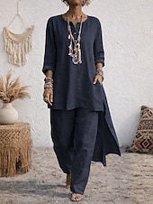 abordables Conjuntos-Mujer Camisa Conjunto con tacto de lino Conjuntos de lino y algodón Pantalones de pierna ancha Manga Larga Escote en Pico Plano Moda Ropa de calle Diario Casual Diario Azul Piscina Negro Blanco Verano