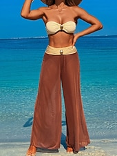 preiswerte 3-teiliges Bikini-Set-Damen Badeanzug Dreiteilig Hose Bademode Gerafft Rückenfrei Urlaub Strandbekleidung Einfach Trägerlos Ärmellos Badeanzüge