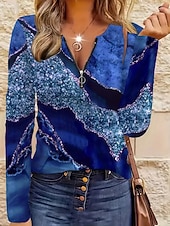 economico Maglietta Arte &amp; Design-Per donna Maglietta Cerniera Stampato Grafico Geometrico Astratto Vintage Moda Elegante Manica Lunga Girocollo Top Regolari Quotidiano Blu Rosa Viola Primavera Autunno