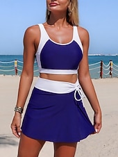 abordables Conjuntos de bikini-Mujer Bañadores Bikini 2 piezas Falda Traje de baño Control de barriga Alta cintura Delgado Espalda al Aire Vacaciones Ropa de playa Color sólido Camiseta con cuello redondo Sin Mangas Trajes de baño