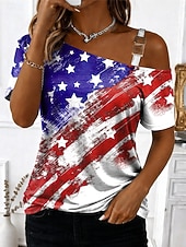  American Independence Day Women's T Shirt Tee Top Print Graphic Stylish Classic Casual Short Sleeve Asymmetric Neck Regular Tops Daily Going out Weekend Blue Red Red / Blue Summer Spring