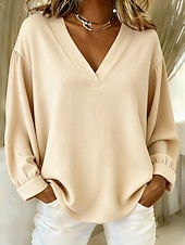 baratos Blusas Simples-Mulheres Blusa Camisa de algodão Côr Sólida Diário à moda Básico Manga Longa Decote V Tops regulares Diário Azul Rosa Marron Bege Primavera Outono