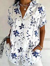Χαμηλού Κόστους Λουλουδάτες μπλούζες-Γυναικεία Πουκάμισο Κουμπιά Στάμπα Φλοράλ Γραφική Βίντατζ Στυλάτο Μοντέρνα Κοντομάνικο Κολάρο Πουκαμίσου Κανονικά μπλουζάκια Καθημερινά Θαλασσί Κίτρινο Βυσσινί Πράσινο του τριφυλλιού Καλοκαίρι Άνοιξη