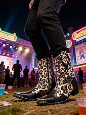 baratos Homens-Botas masculinas de couro legítimo para festivais, com estampa de leopardo, ideais para música.
