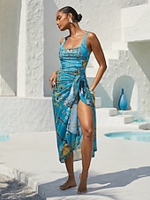 baratos Maiô Floral-saída de praia dupla face em chiffon fluido com joias vintage