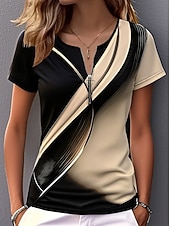 Недорогие Полосатая и геометрическая футболка-Жен. Футболка Цветовые блоки Четверть молния Графика Геометрический принт Абстракция тропический Гавайский Стиль С короткими рукавами Вырез под горло Обычные топы Свадьба на пляже Повседневные Спорт